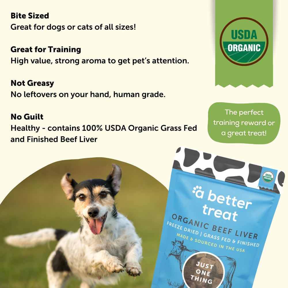 A Better Treat grass-fed beef liver nutrition panel highlighting higher protein and omega-3s.