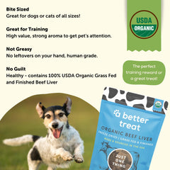A Better Treat grass-fed beef liver nutrition panel highlighting higher protein and omega-3s.