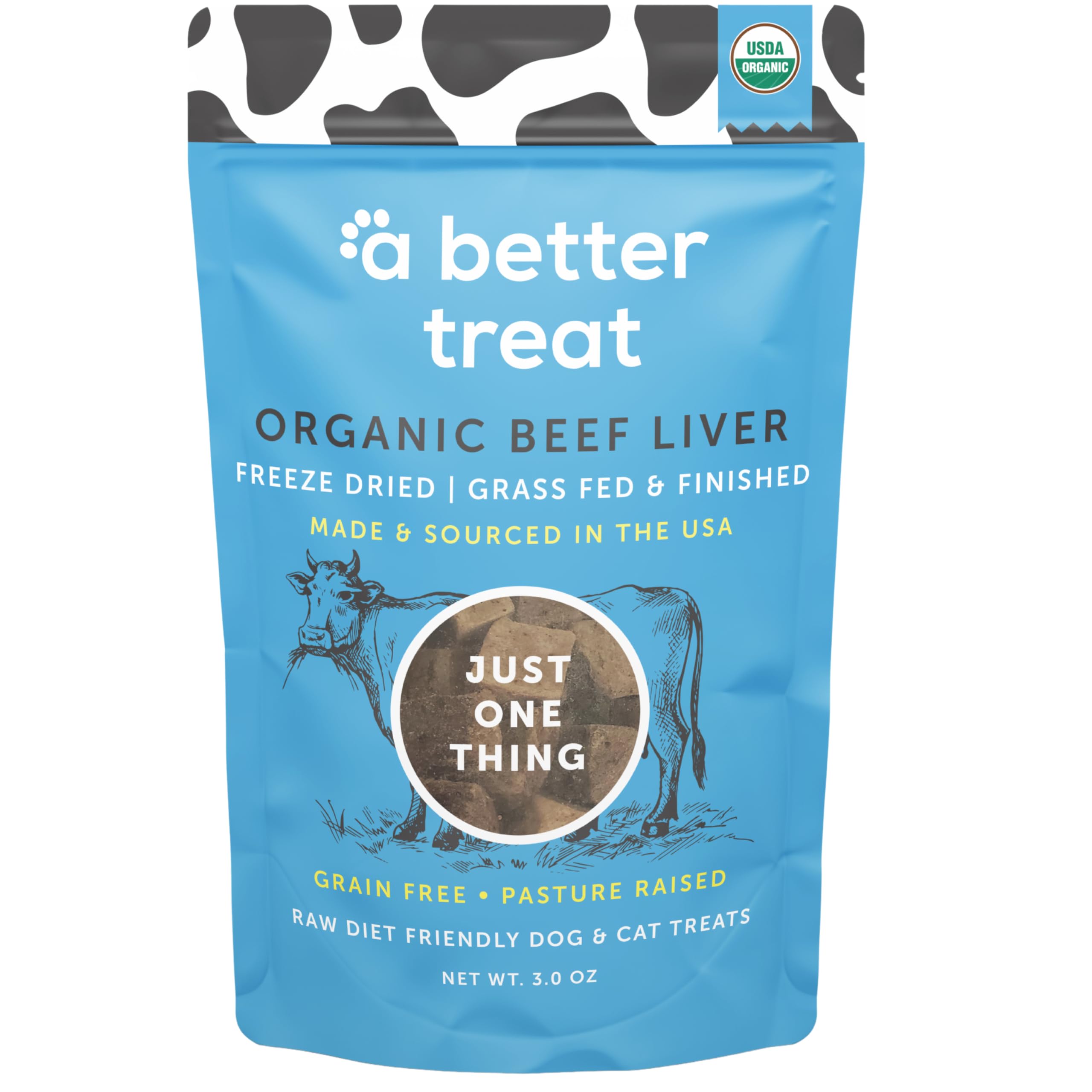 A Better Treat organic beef liver treats packaging, single-ingredient formula ideal for training rewards.