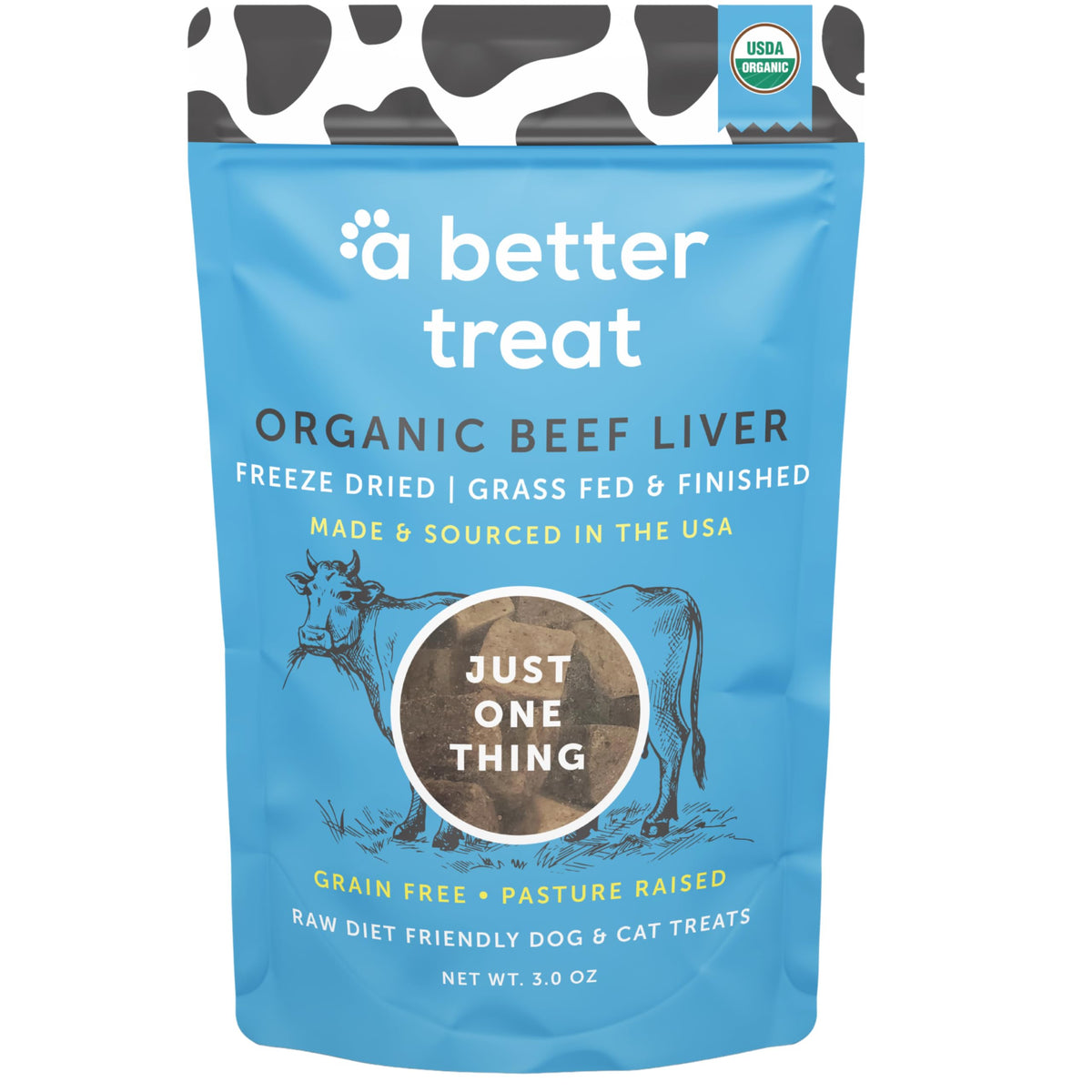 A Better Treat organic beef liver treats packaging, single-ingredient formula ideal for training rewards.