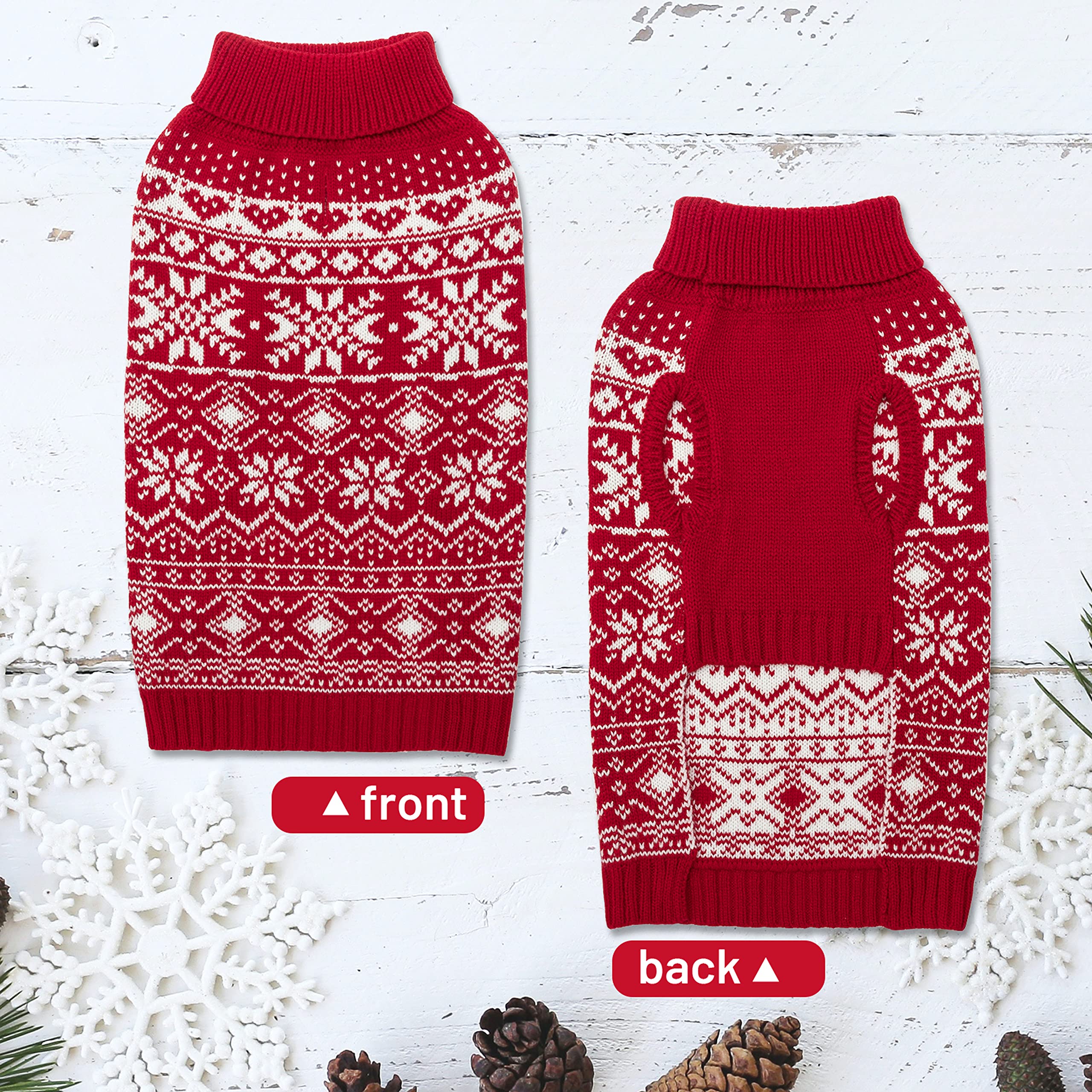 ABFEKIEA dog sweater highlights harness-friendly back design for winter walks.