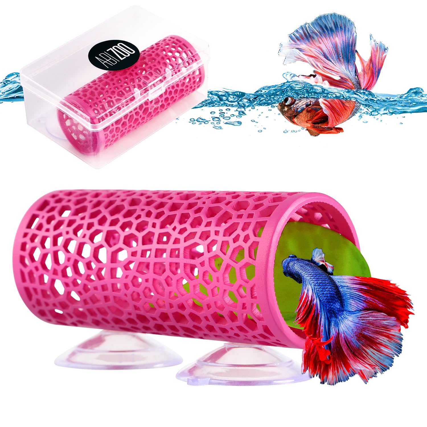 Abizoo Betta pink tunnel hideout view enhances viewing and interaction.