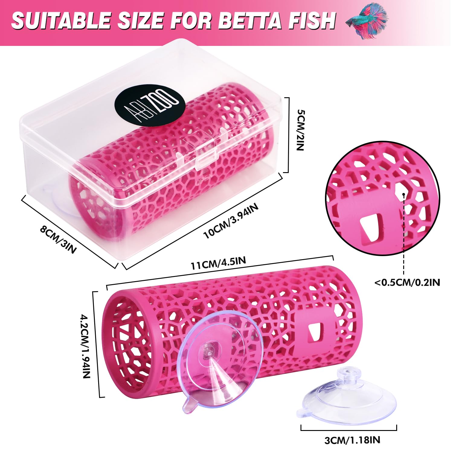 Abizoo Betta pink tunnel hideout features strong suction cups for secure mounting.
