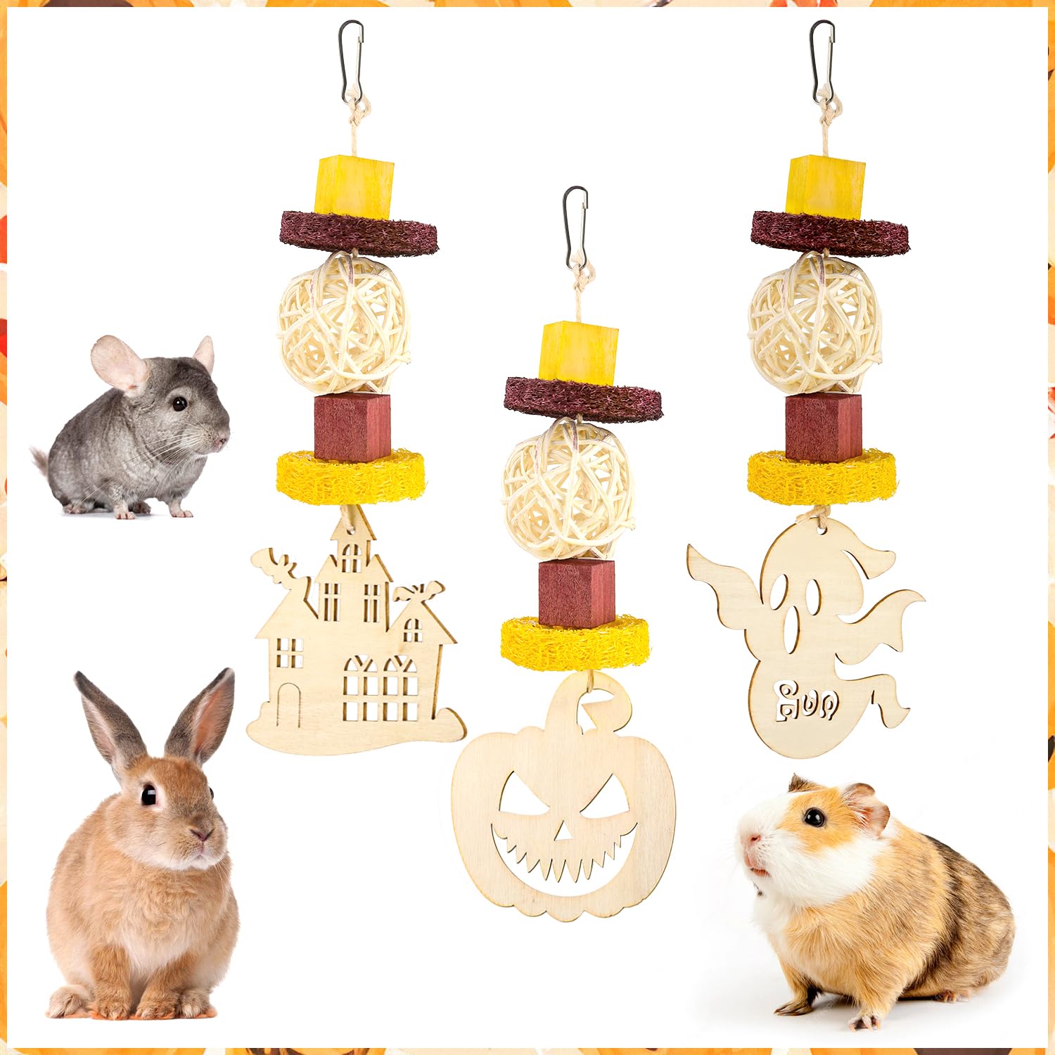Abizoo Halloween chew toy pumpkin supports natural chewing with safe pine wood.