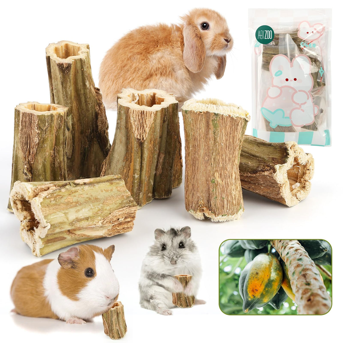 Abizoo natural bunny chew toys pack six papaya wood sticks for dental health support