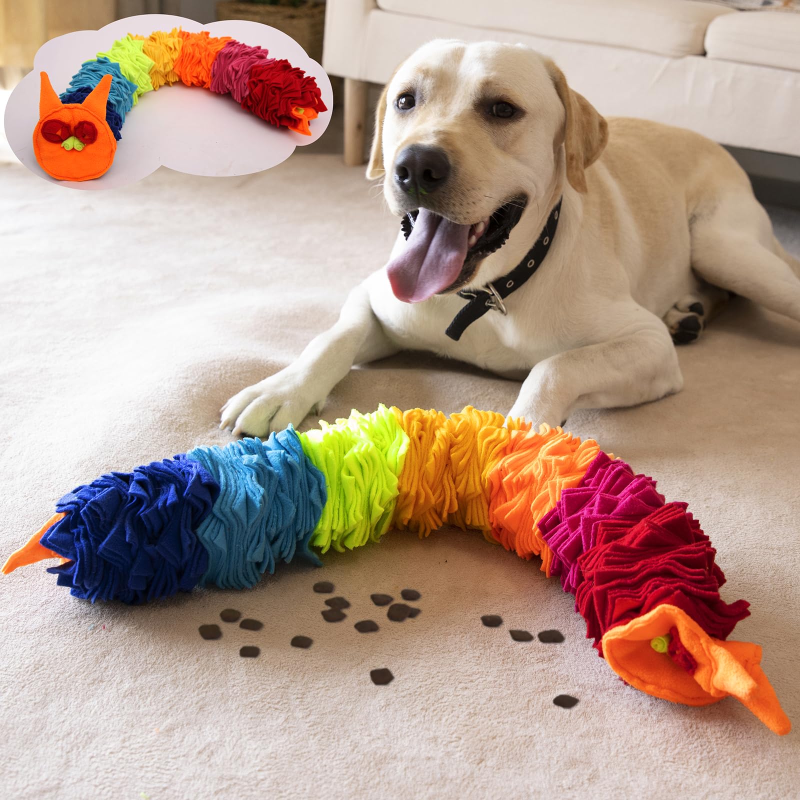 Ablechien Snuffle Ball Rainbow Snuffle Snake front view reveals hidden food pockets for enrichment