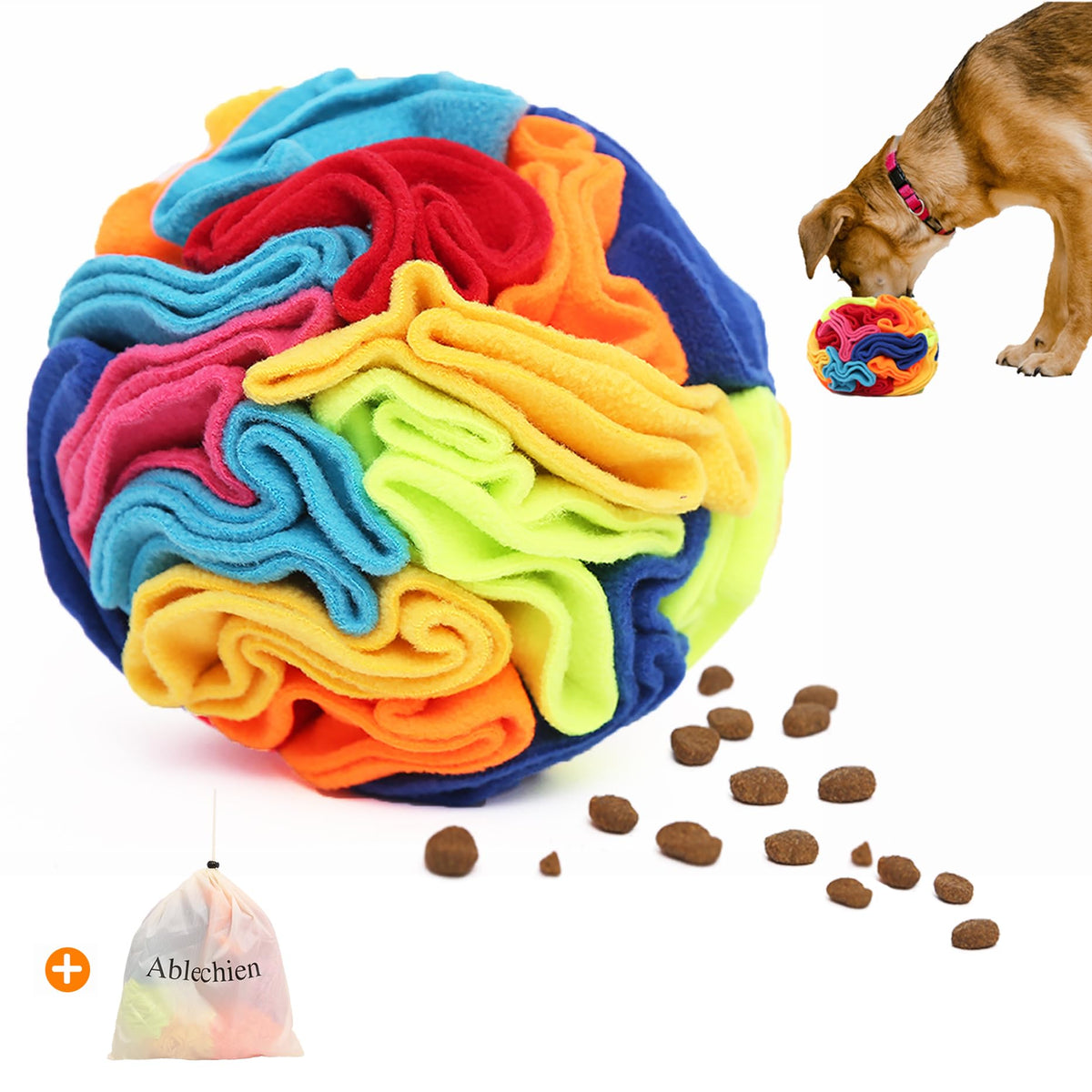 Ablechien Snuffle Ball closeup in soft fleece supports safe, engaging sniffing play.