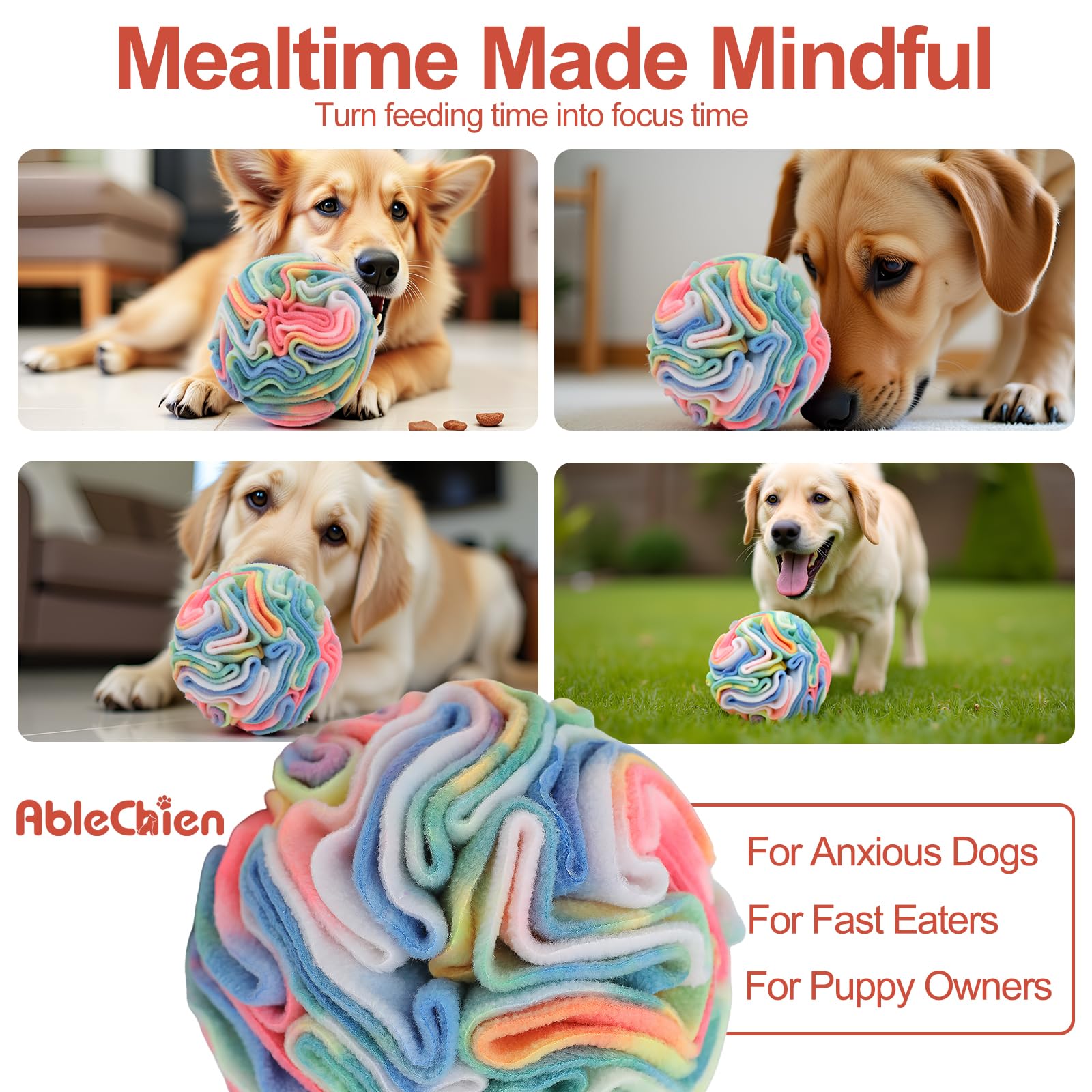 Washing-friendly design of Ablechien snuffle ball shown with care instructions