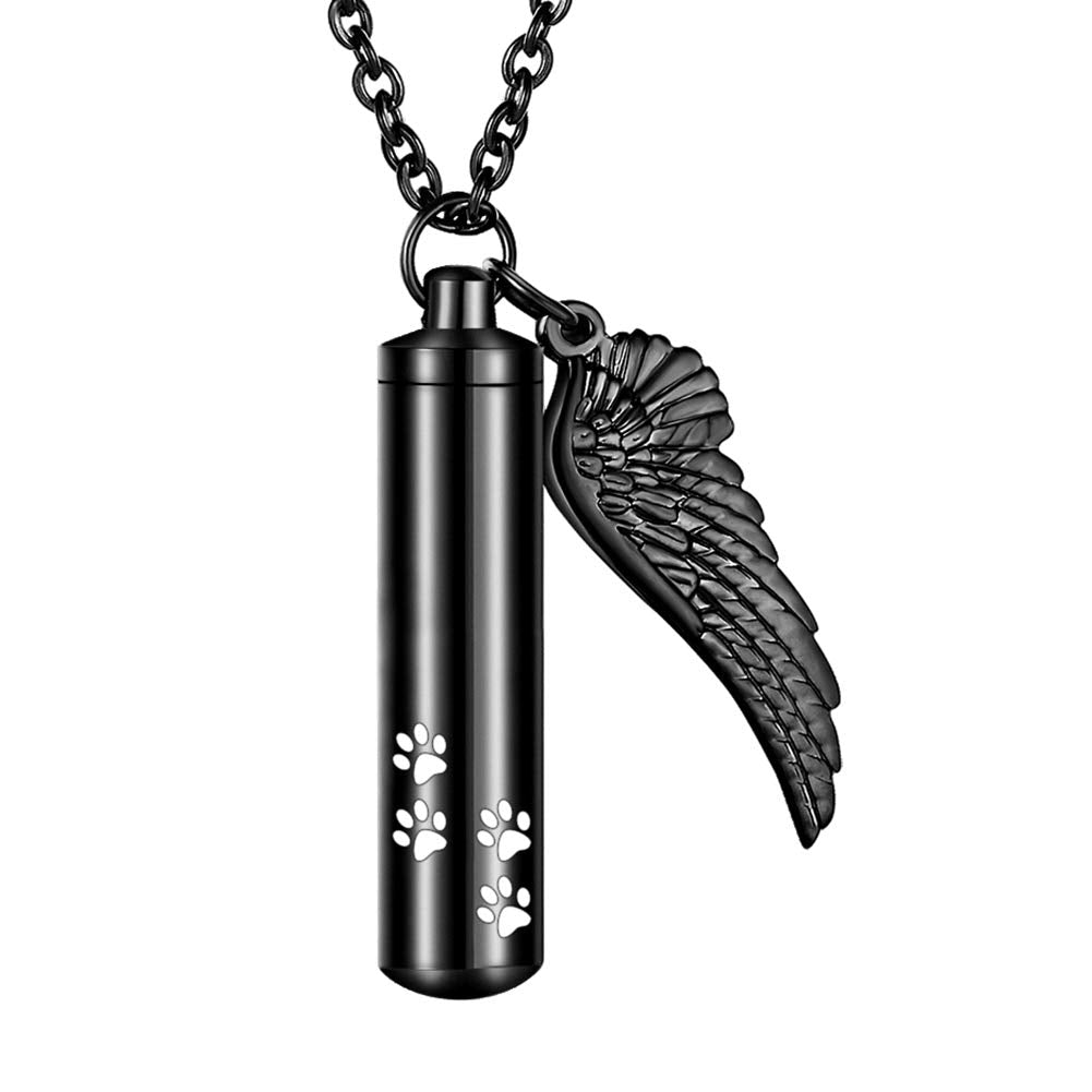 Abooxiu cylinder urn necklace shows angel wing pendant for daily remembrance.