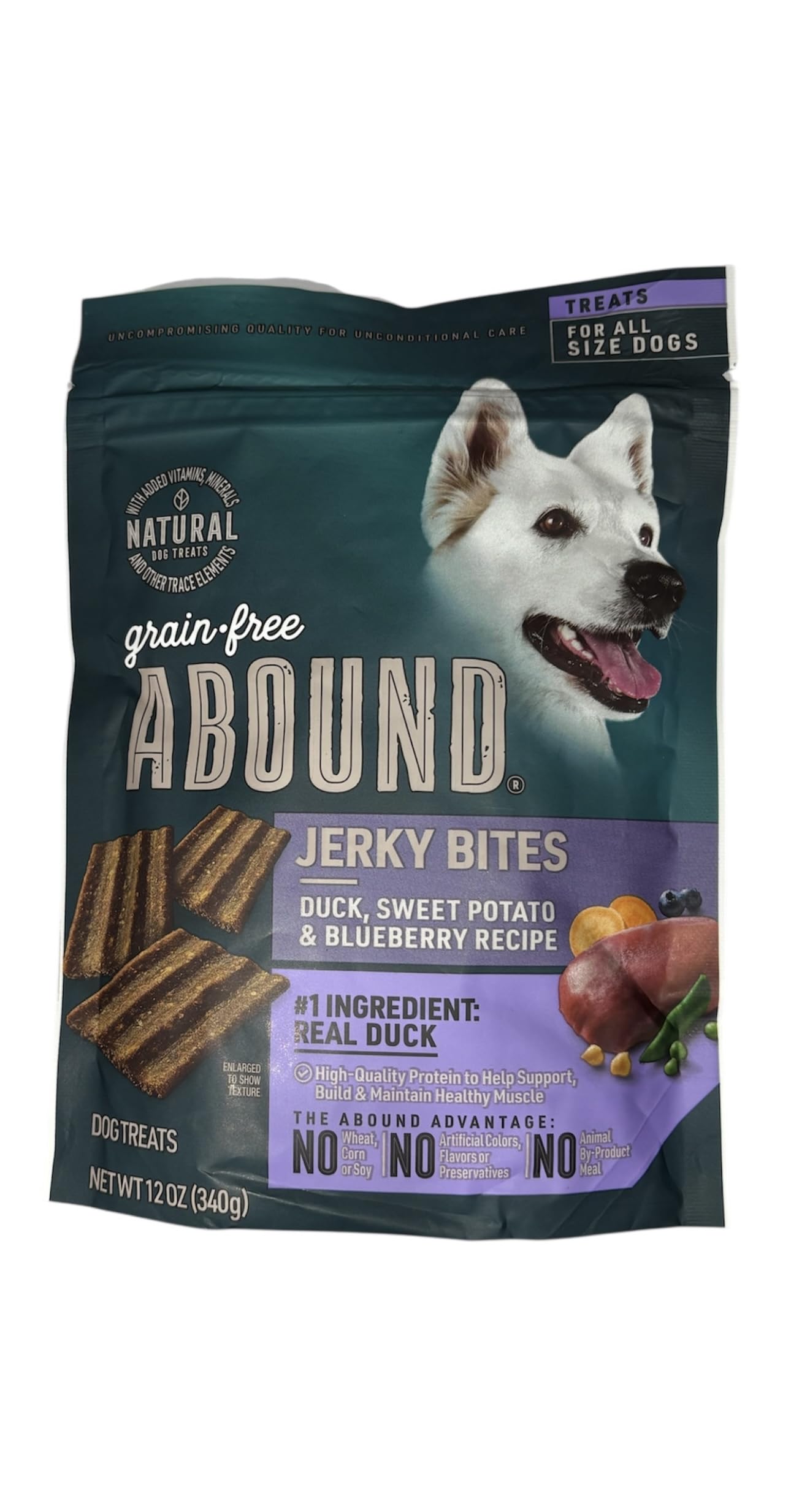 Abound grain-free duck treats bag front shows a protein-rich snack for healthy muscles