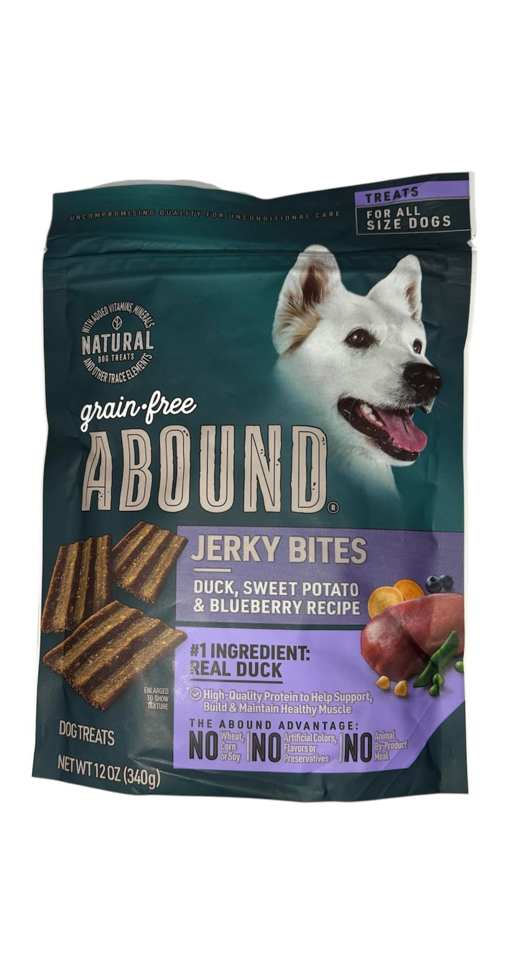Abound grain-free duck treats bag front shows a protein-rich snack for healthy muscles