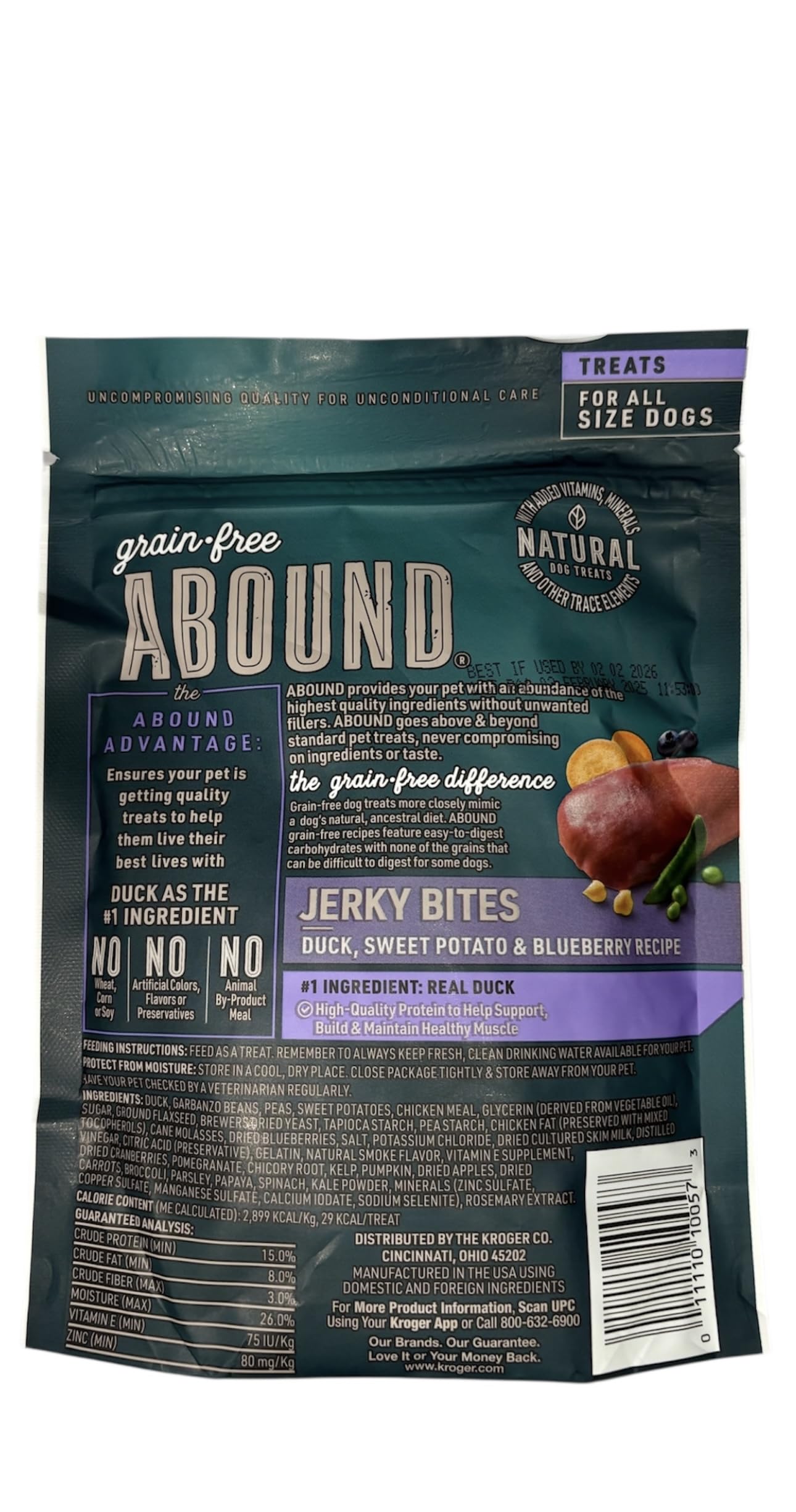 Abound grain-free duck jerky bites ingredients label highlights no grains or artificial additives