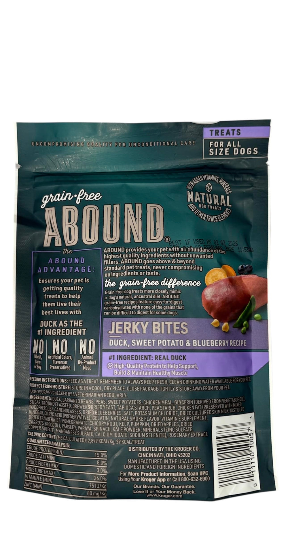 Abound grain-free duck jerky bites ingredients label highlights no grains or artificial additives