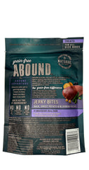 Abound grain-free duck jerky bites ingredients label highlights no grains or artificial additives