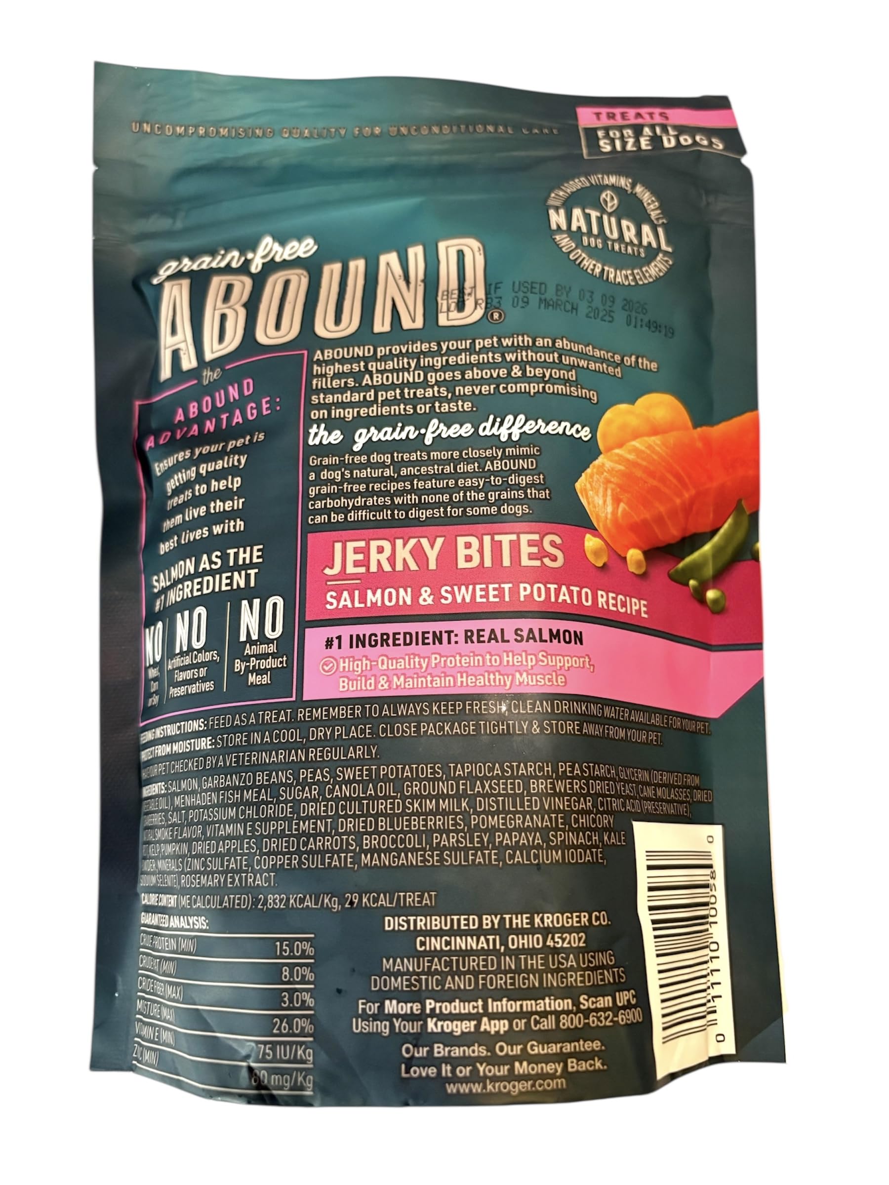 Abound Salmon Jerky Bites closeup ingredients shows grain-free formula for easy digestion.