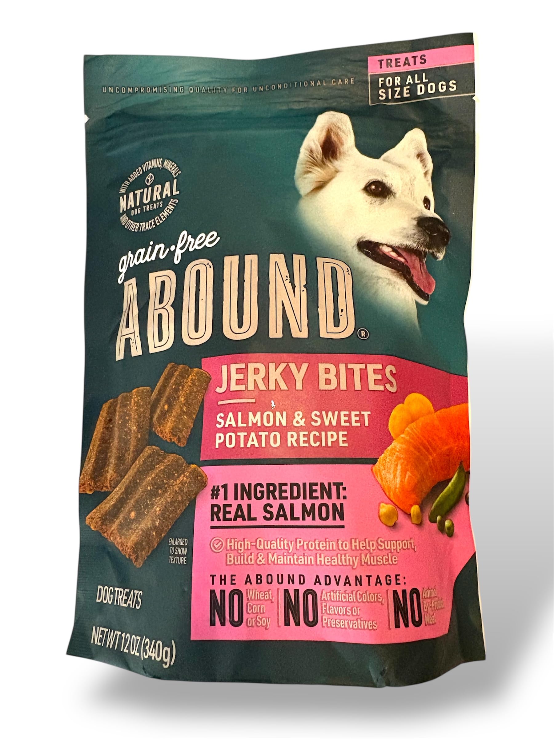 Abound Salmon & Sweet Potato Jerky Bites front bag highlights natural ingredients for healthy, tasty rewards.