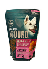 Abound Salmon & Sweet Potato Jerky Bites serving plate presents wholesome treat idea.