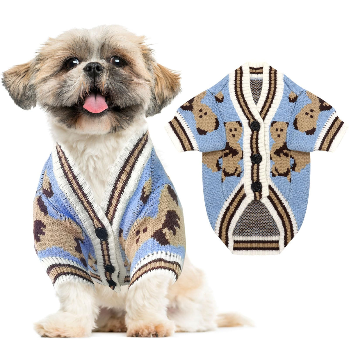 ABRRLO bear-pattern dog sweater in blue provides cozy warmth for small dogs on winter walks.