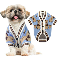 ABRRLO bear-pattern dog sweater in blue provides cozy warmth for small dogs on winter walks.