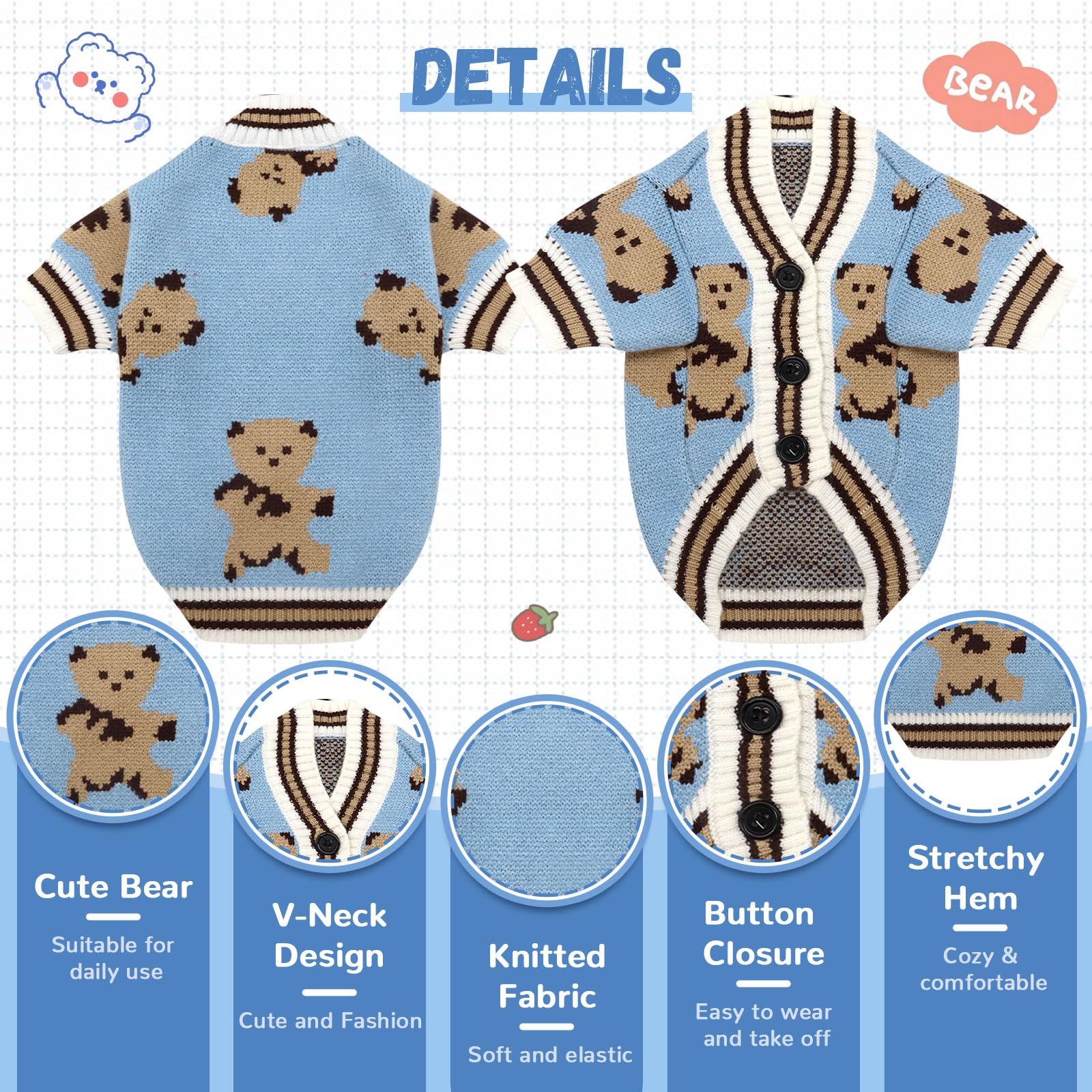 ABRRLO easy-closure dog sweater in blue simplifies dressing for busy mornings.