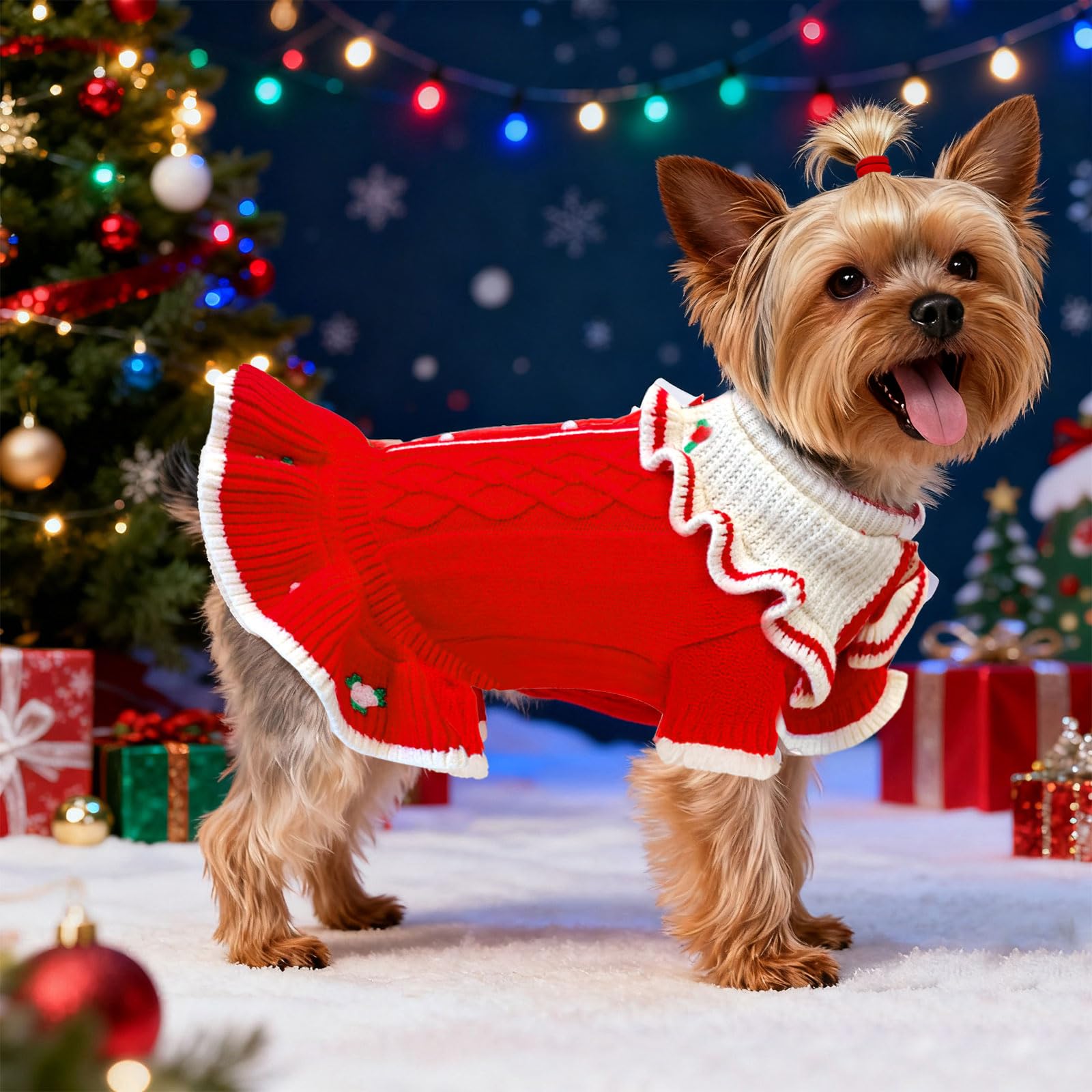 ABRRLO red sweater with floral embroidery and pearl buttons for holiday style.
