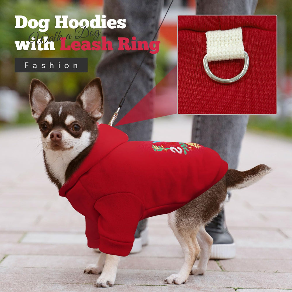 ABRRLO red Christmas dog hoodie back with leash ring for easy outdoor walks.