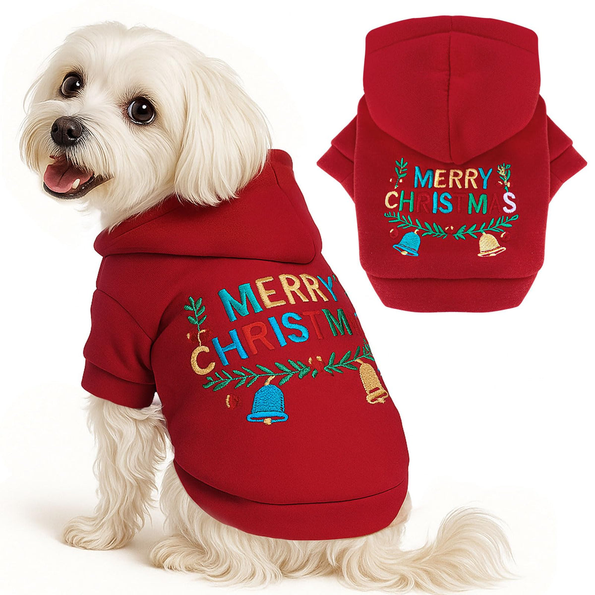 ABRRLO red Christmas dog hoodie front view shows cozy warmth for small breeds.