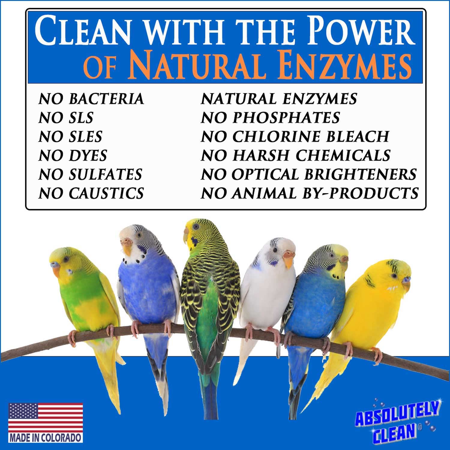 Absolutely Clean Bird Cage Cleaner odor elimination focus showcases fragrance-free scent and fresh results.
