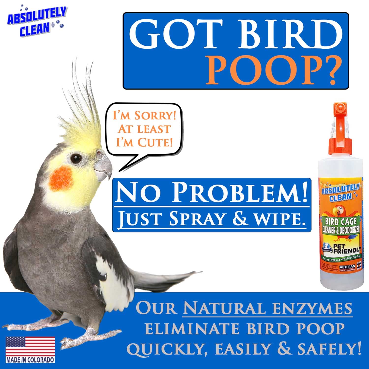 Absolutely Clean bird mess cleanup wipe emphasizes fast, stain-free cleaning around perches and toys.
