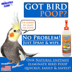 Absolutely Clean bird mess cleanup wipe emphasizes fast, stain-free cleaning around perches and toys.