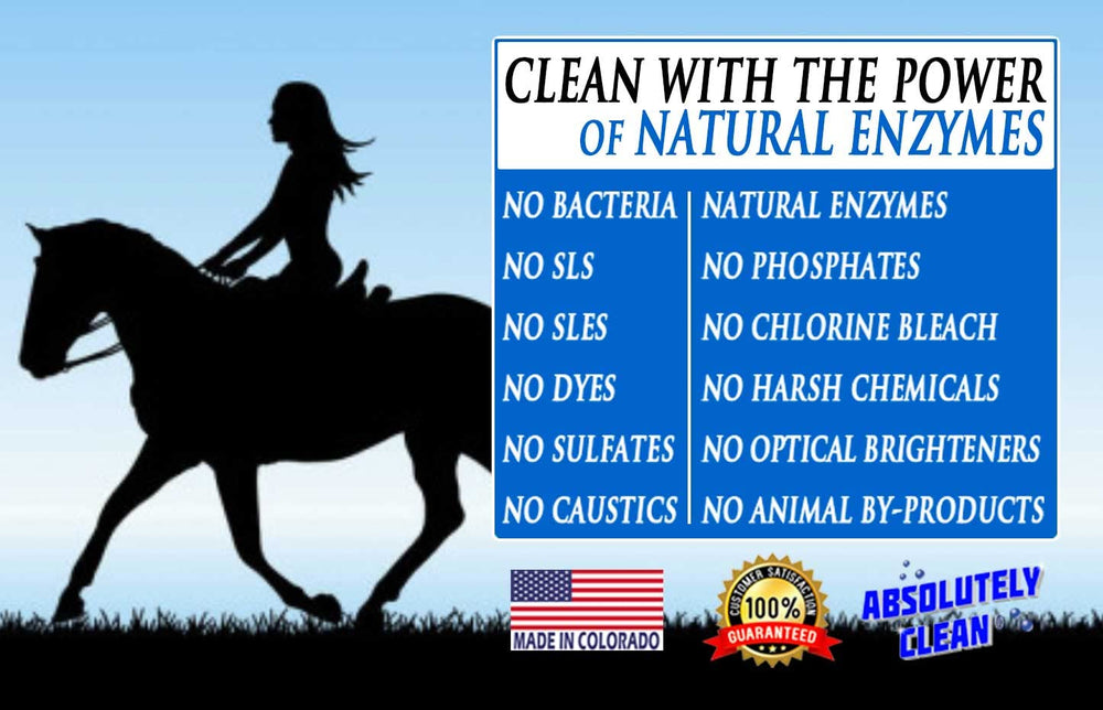 Absolutely Clean Leather Tack Cleaner on saddle gear removes dirt, helping upkeep.