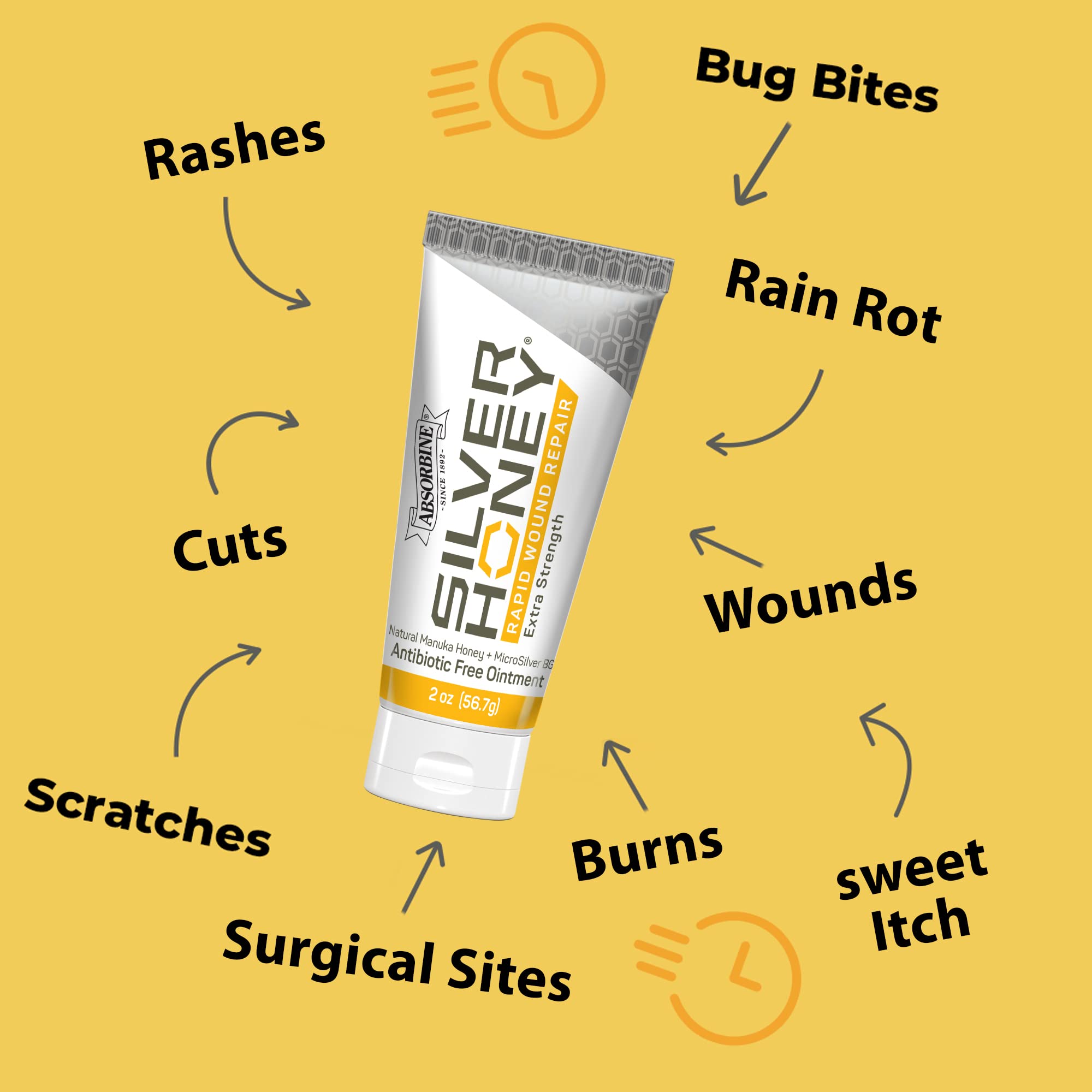 Absorbine Silver Honey Manuka honey visual highlights natural healing ingredients for skin comfort.