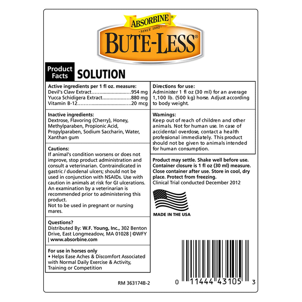 Absorbine Bute-Less bottle pour demonstrates easy dosing for ongoing recovery use.