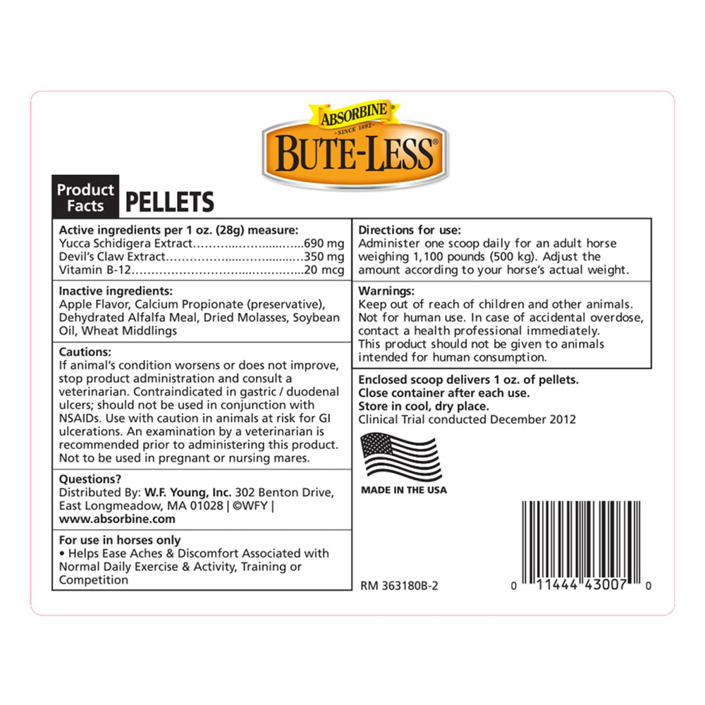 Absorbine Bute-Less ingredients close-up featuring Devil’s Claw, Yucca, and Vitamin B-12.