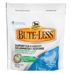 Absorbine Bute-Less pellets tub closeup showing palatable supplement for daily comfort.