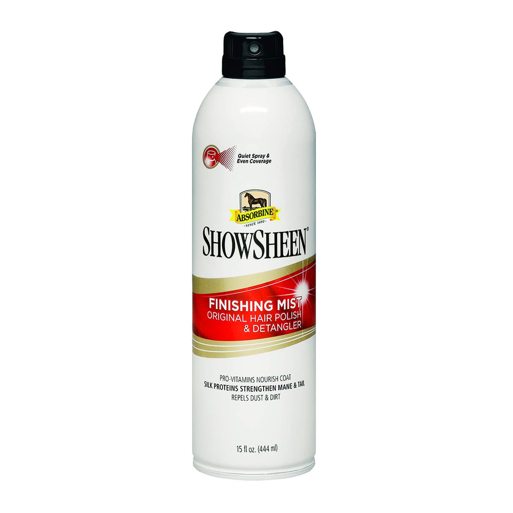 Absorbine ShowSheen finishing mist bottle demonstrates easy spray for quick horse grooming shine.