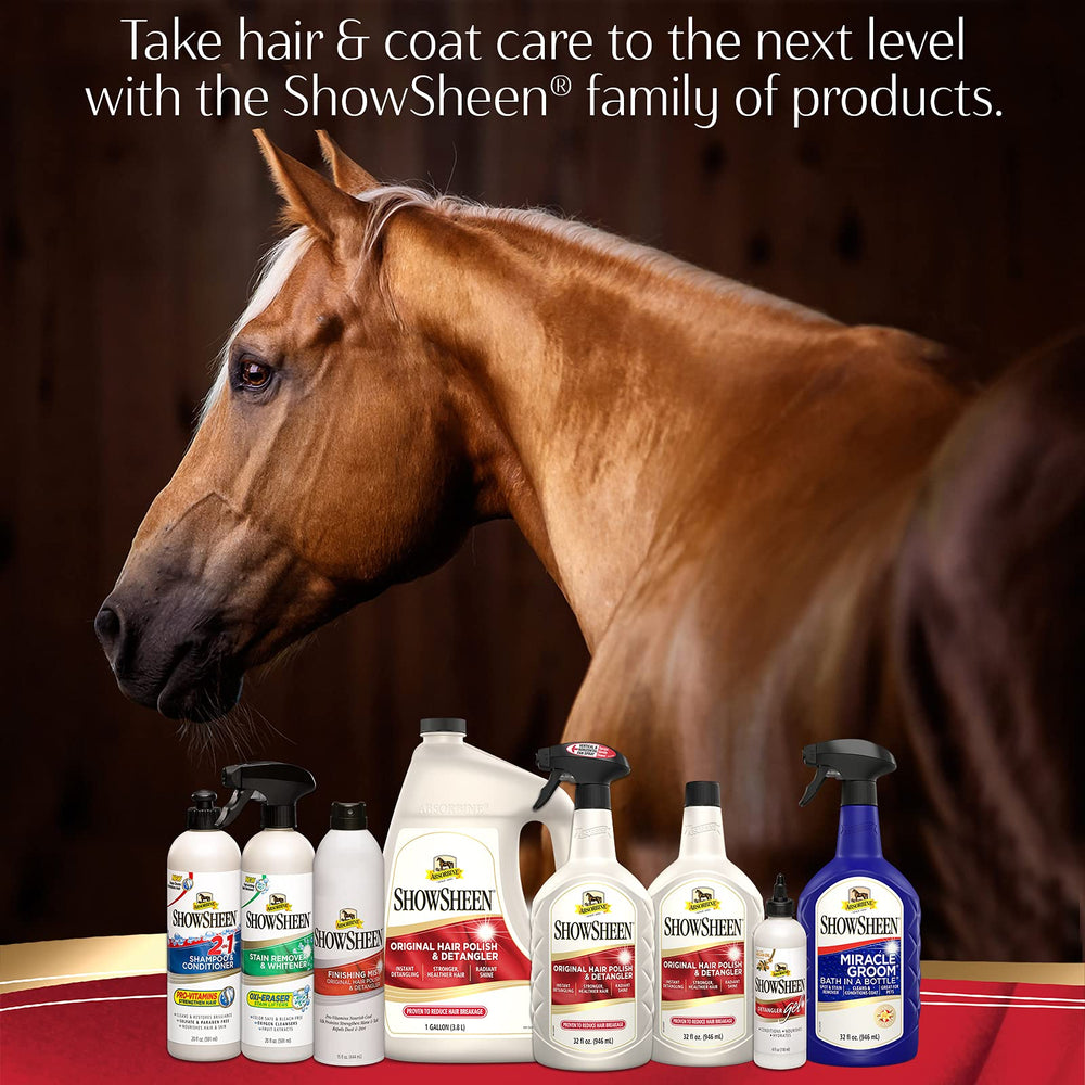 Absorbine ShowSheen mist nourishes coats with pro-vitamins and silk proteins for stronger manes.