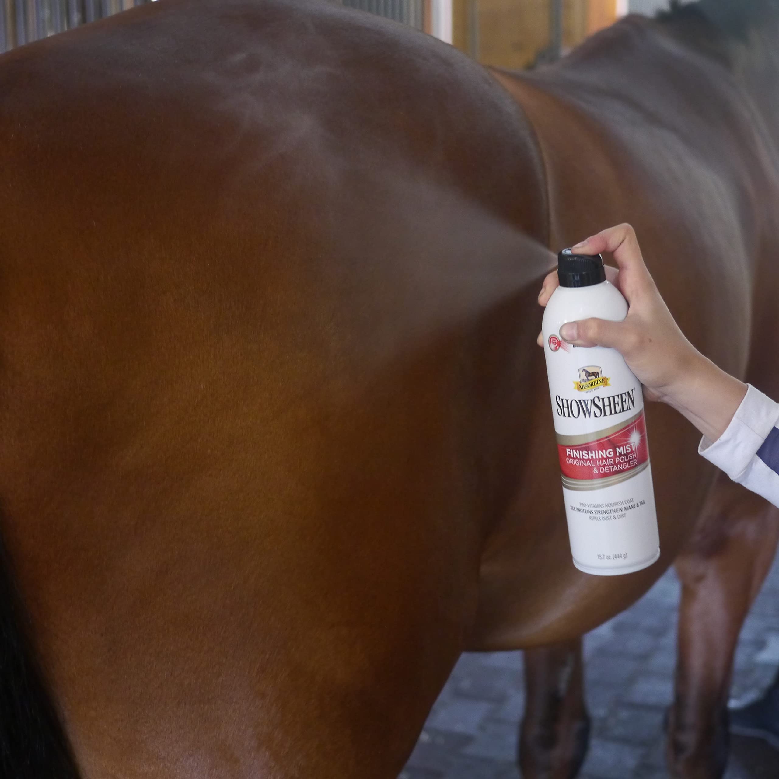 Absorbine ShowSheen finishing mist fast-drying formula leaves streak-free coat appearance.