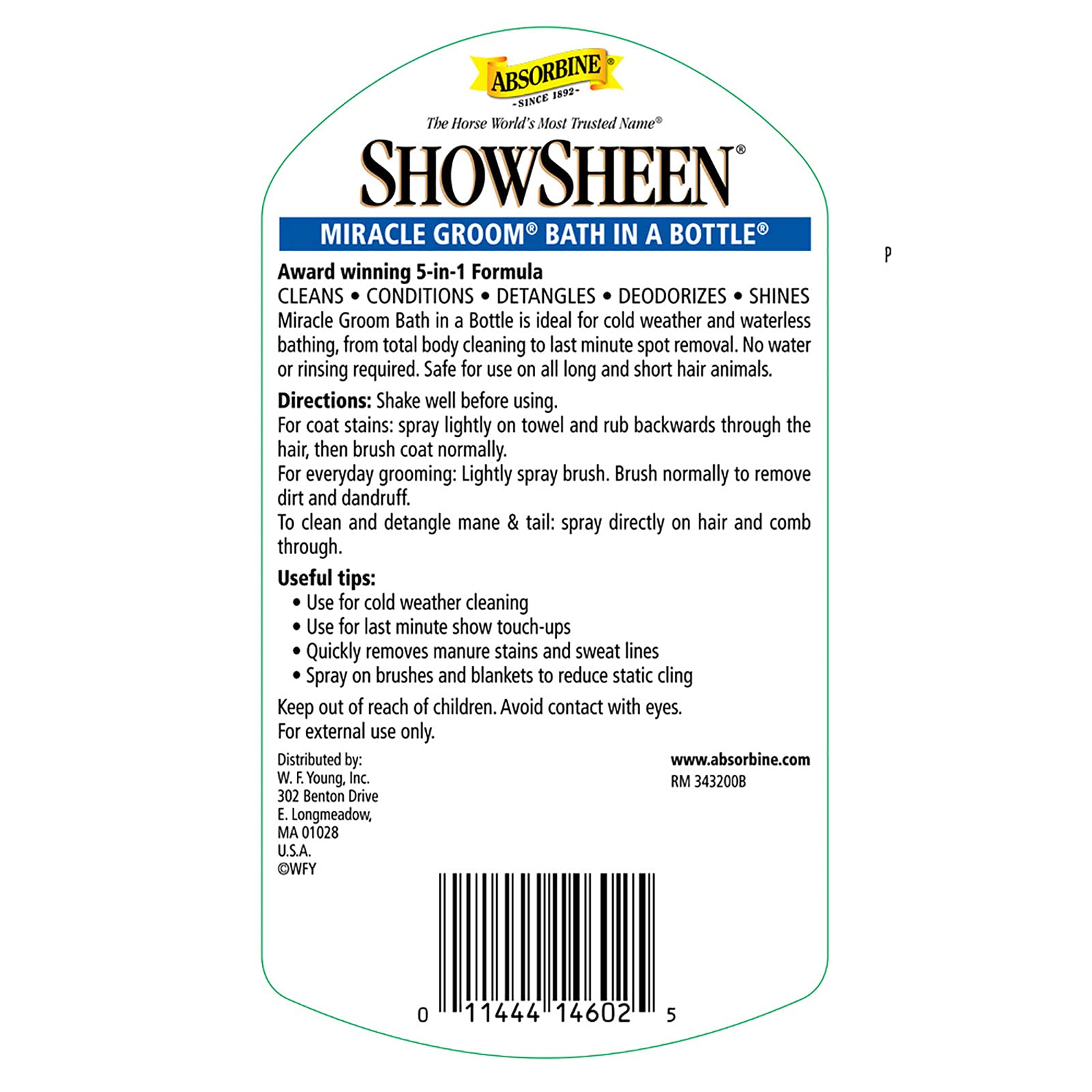 Absorbine ShowSheen Miracle Groom suitable for horses, dogs, llamas, sheep, and cattle