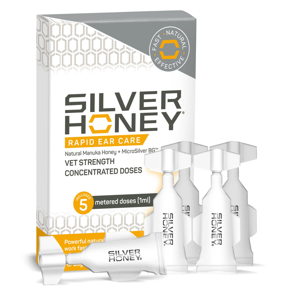 Absorbine Silver Honey ear-care bottle closeup may support ear comfort for dogs and cats.