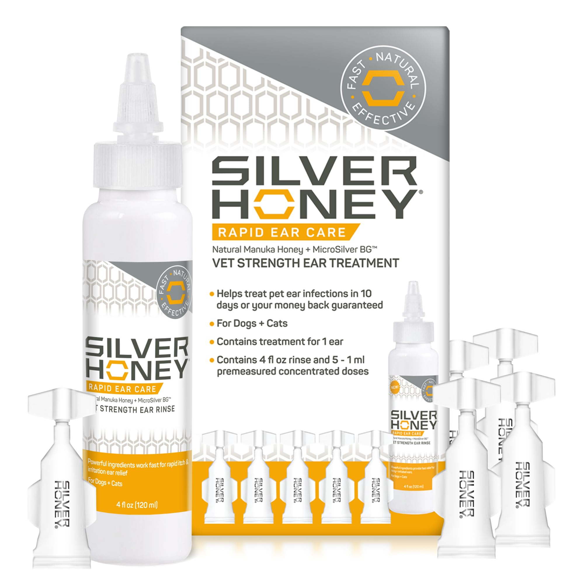 Absorbine Silver Honey rapid ear care kit close up with two step system visuals
