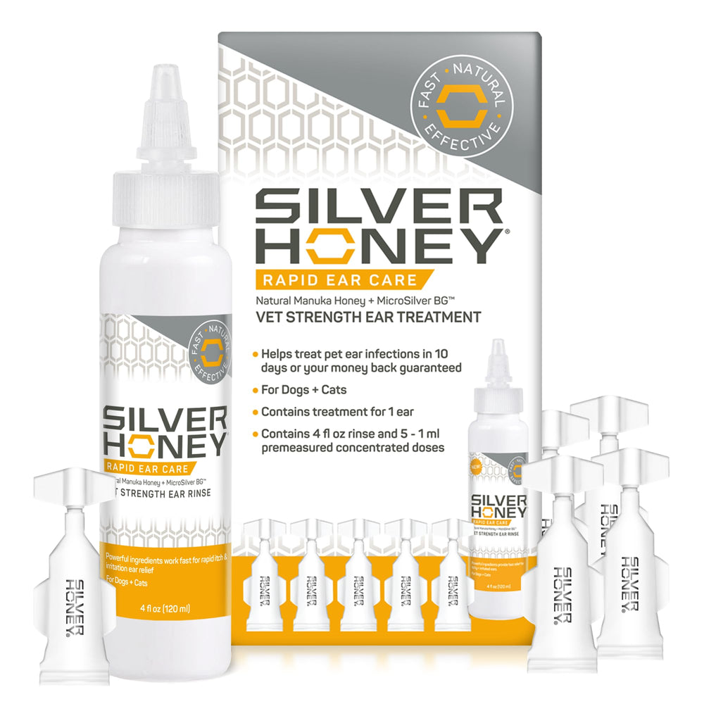 Absorbine Silver Honey Rapid Ear Care bottle on counter for quick dog and cat ear care