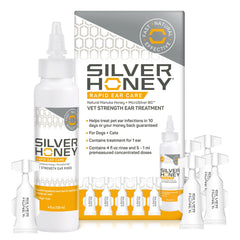 Absorbine Silver Honey Rapid Ear Care bottle on counter for quick dog and cat ear care