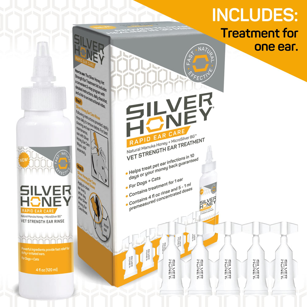 Absorbine Silver Honey Rapid Ear Care box shows two step home care regimen