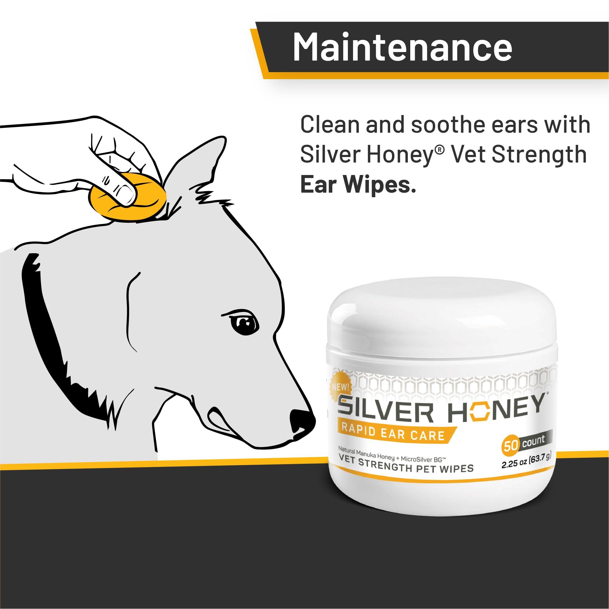 Absorbine Silver Honey rapid ear care wipes bottle close-up highlighting easy-dispense performance.