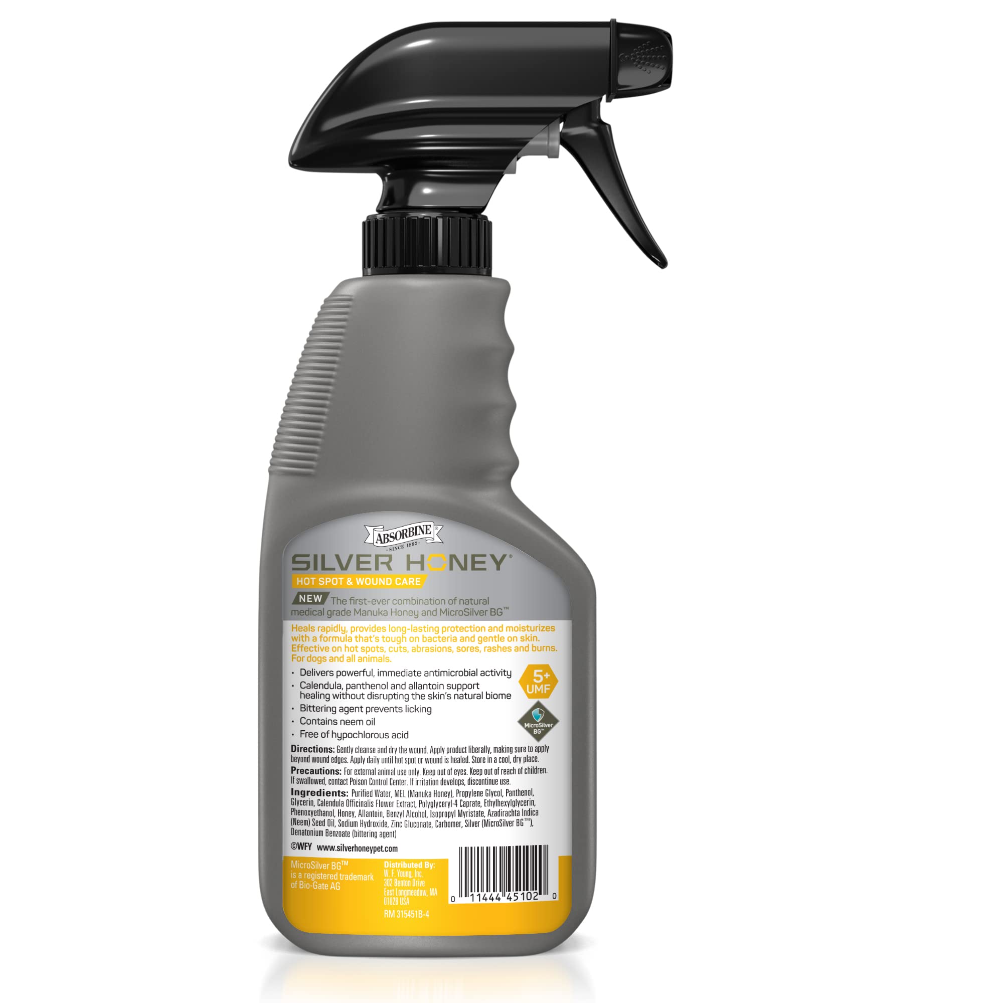 Absorbine Silver Honey spray on a dog's skin showing touch-free application