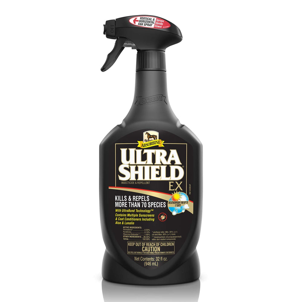 Absorbine UltraShield EX sprayer bottle provides ready-to-use protection for horses, dogs, and premises.