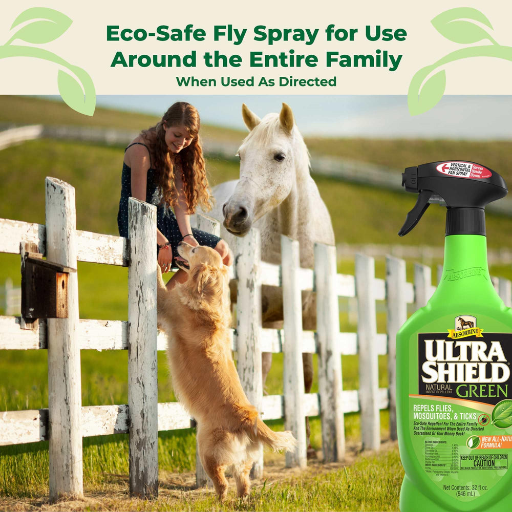 Absorbine UltraShield Green bottle closeup highlights seven botanical oils for natural protection