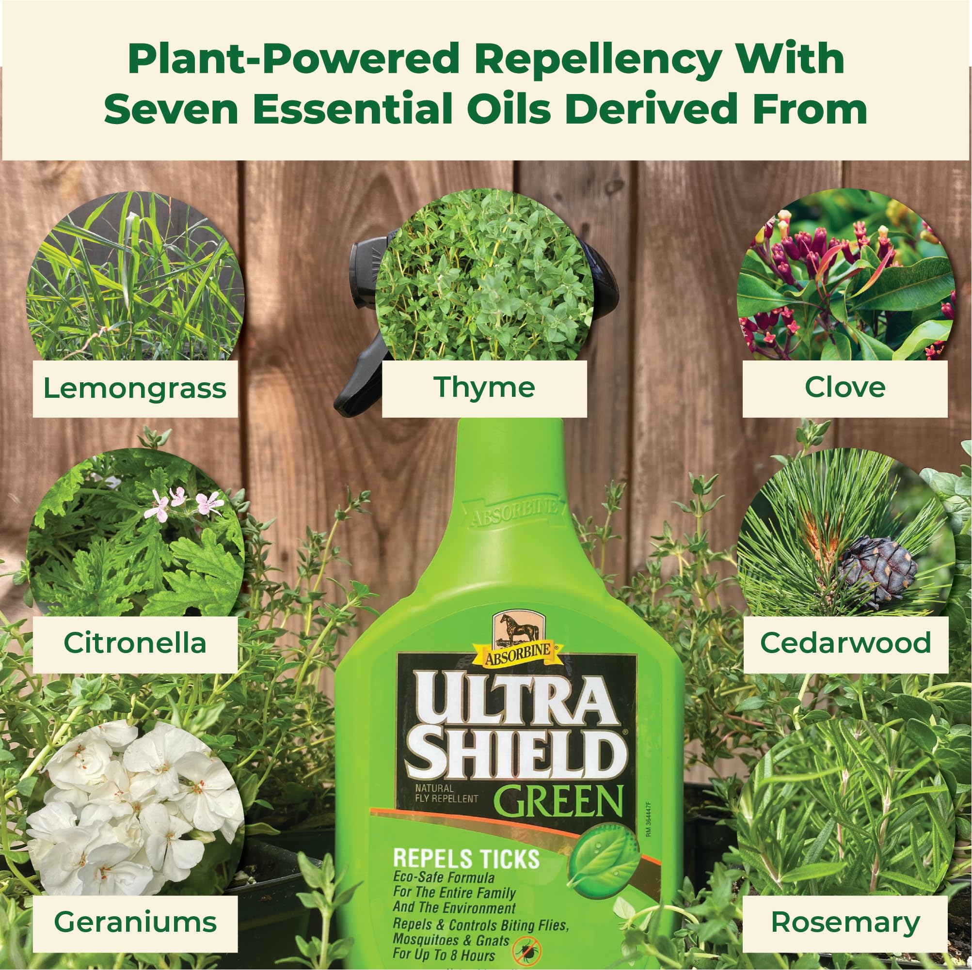 Absorbine UltraShield Green label details emphasize eco-safe daily usage and USA-made quality