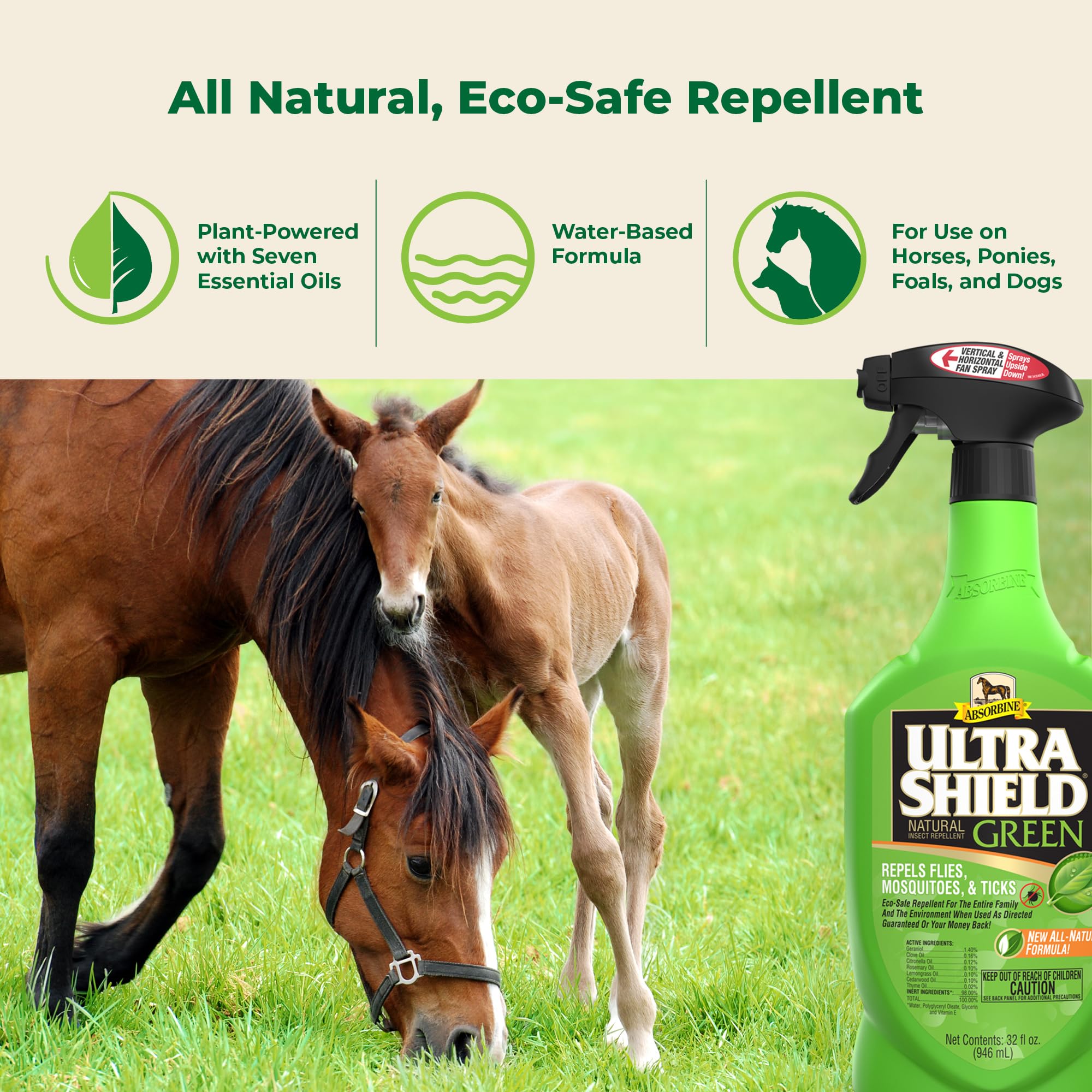 Absorbine UltraShield Green spray action demonstrates quick, water-based protection for horses and dogs